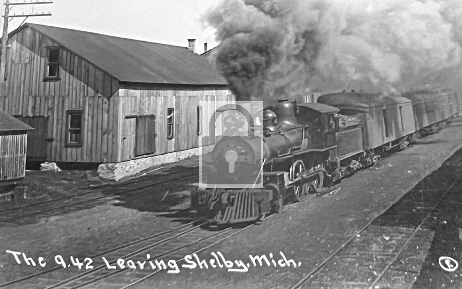 Railroad Train Leaving Shelby Michigan MI Reprint Postcard