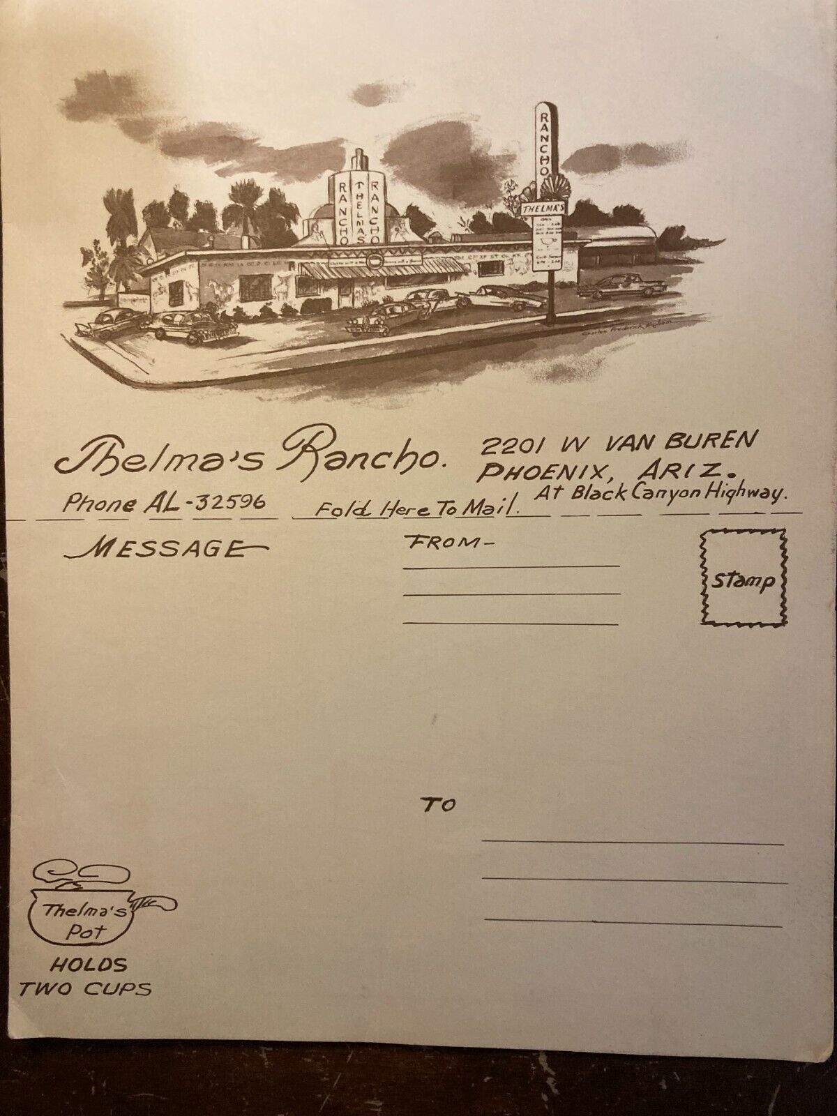 Thelma\'s Rancho - Phoenix, Arizona - 1950\'s Dinner Vintage Menu