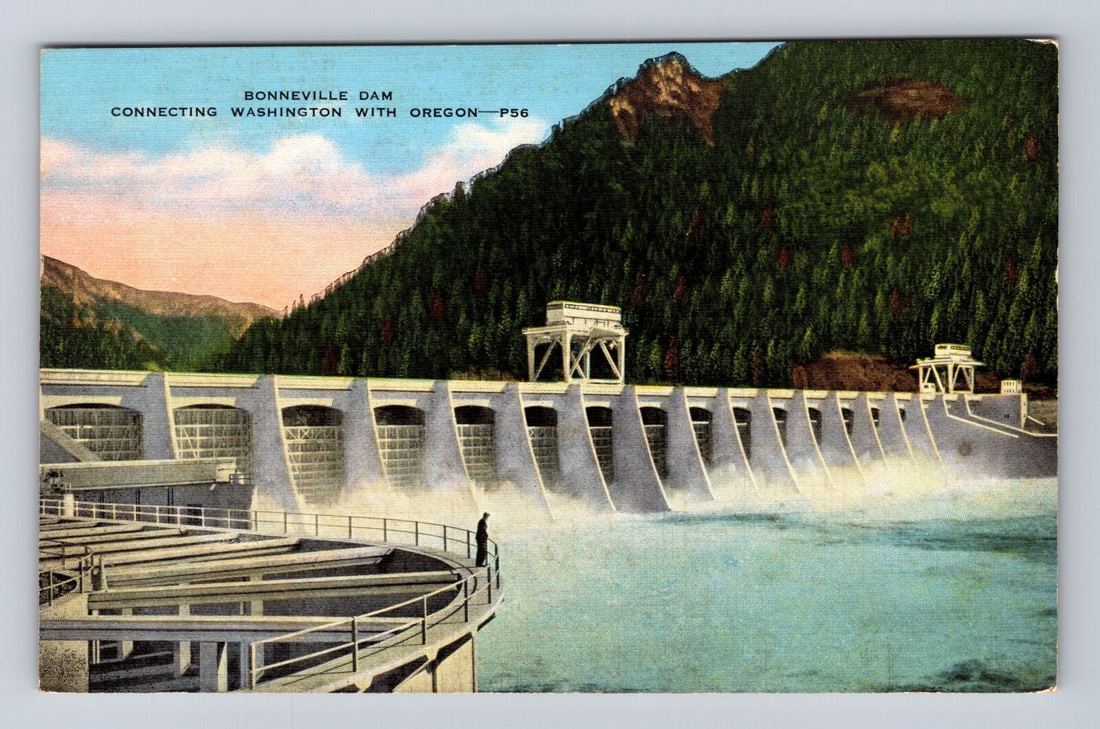 Bonneville Dam OR-Oregon, Scenic View, Antique, Vintage Souvenir Postcard