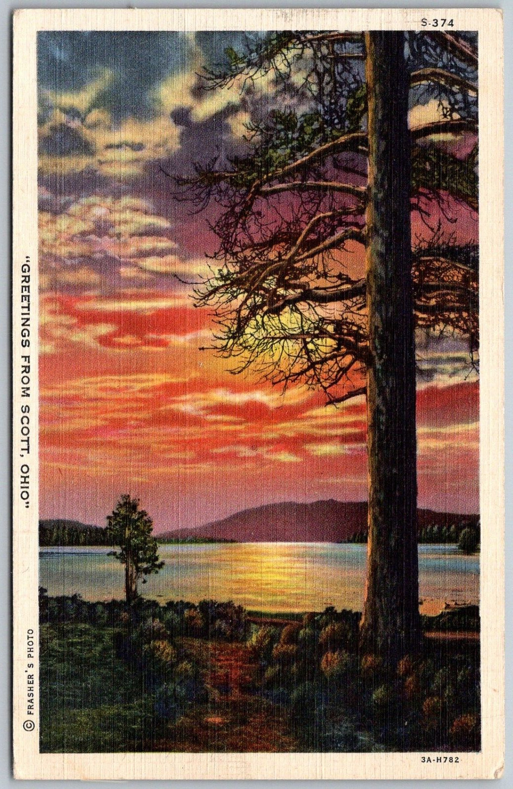 Scott Ohio 1945 Greetings Postcard Sunset Lake Trees