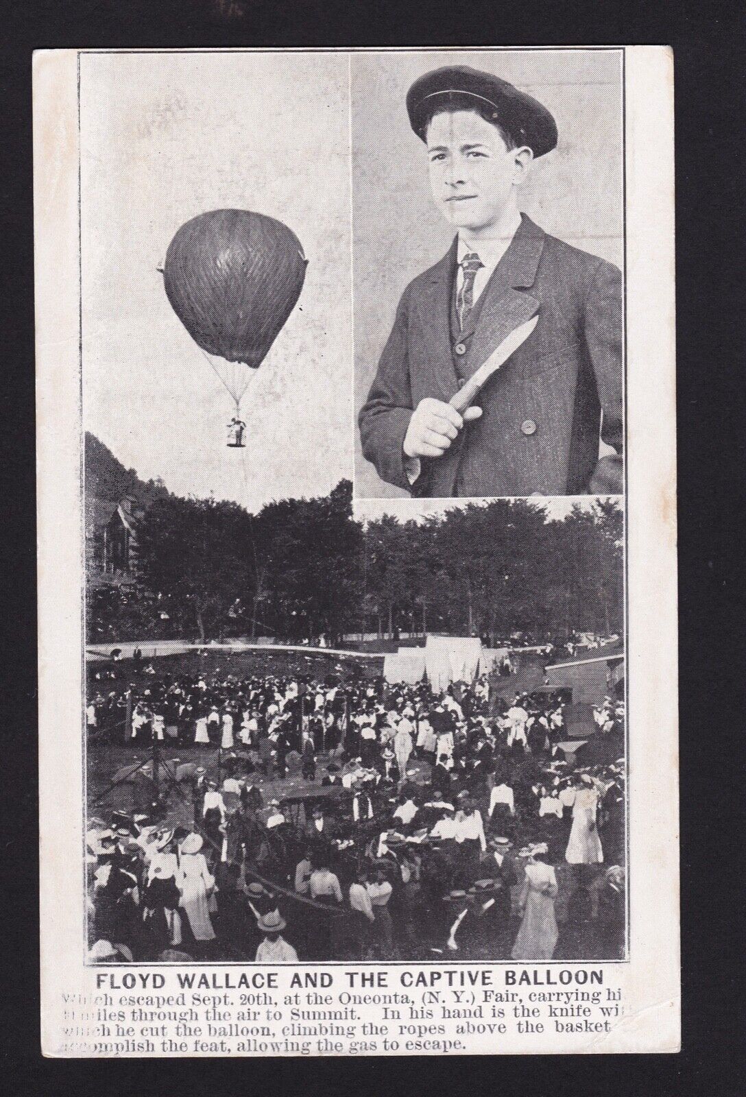 c1905 Floyd Wallace runaway balloon boy aircraft Oneonta New York Fair postcard