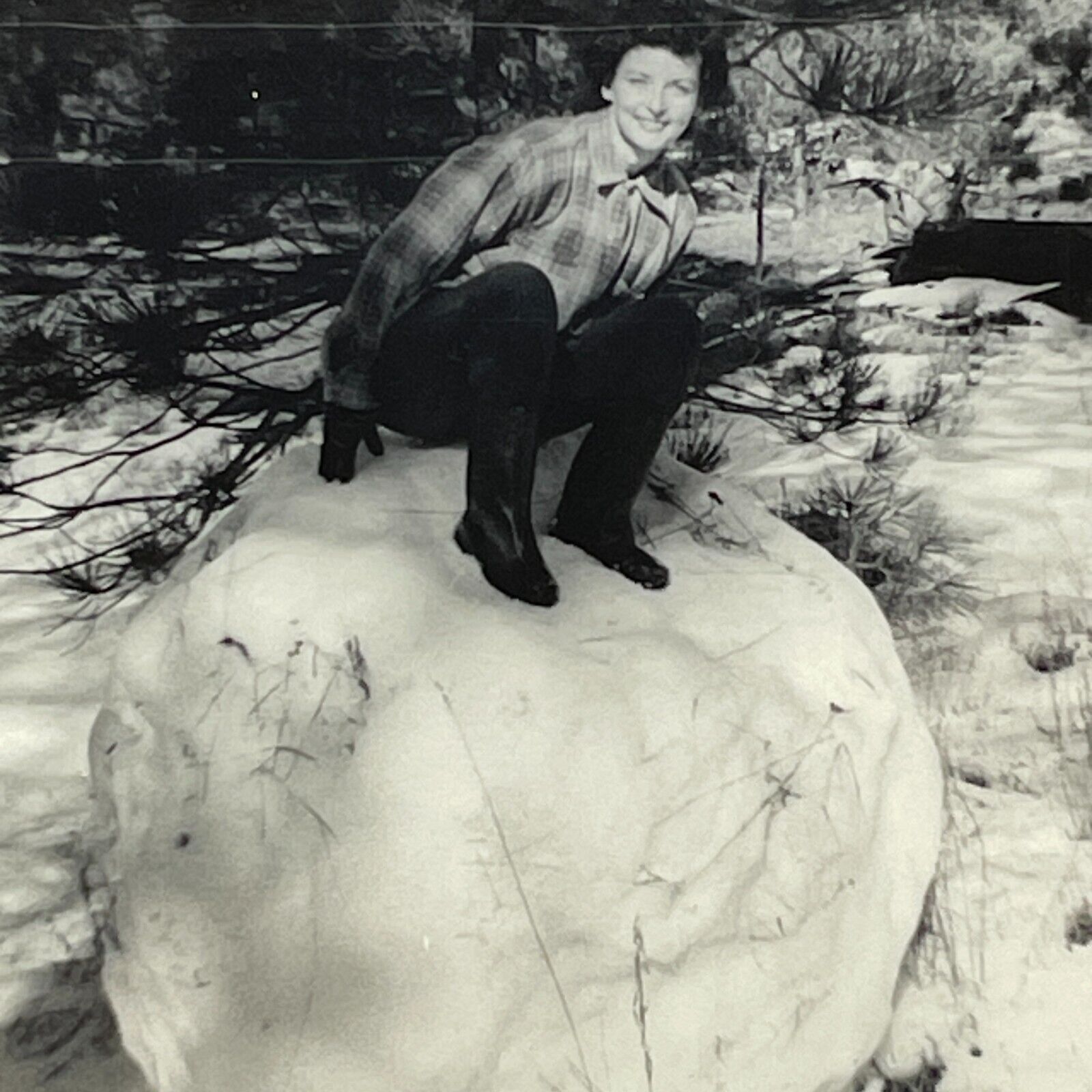YJ Photograph Pretty Woman Sitting On Top Of Giant Snowball Winter 1950\'s Lovely