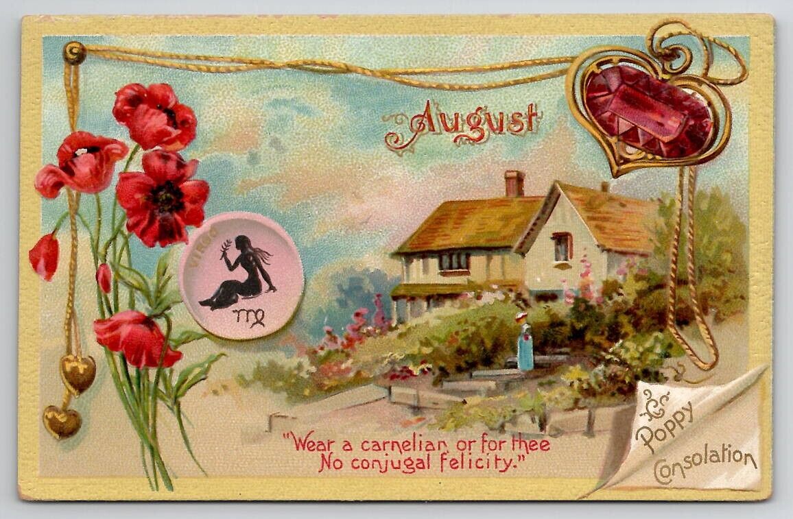 Birthday Sentiment August Virgo Ruby Poppy Flower Tuck Series Postcard R26