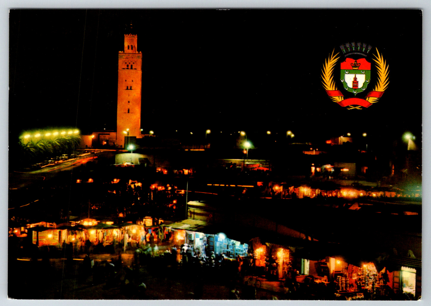 1970s Night View Marrakech Town Emblem Morocco Vintage Postcard