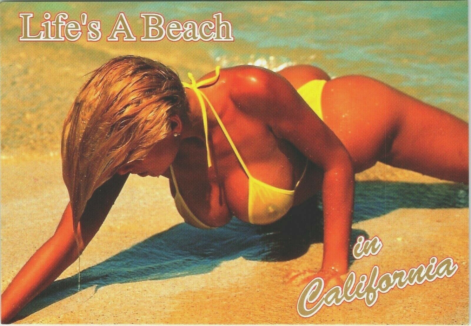 Life\'s A Beach in California Girl Postcard Risque 90\'s 80\'s Pinup beach Ocean 