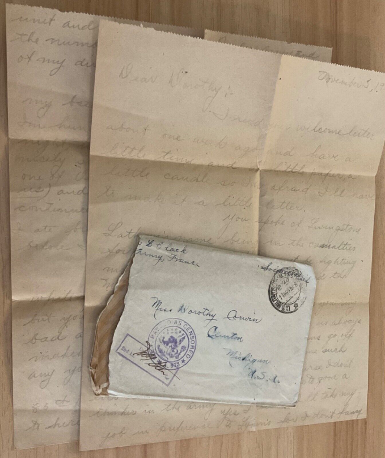WWI AEF letter Wagoner Co D 3rd Am Tn, lights out as plane over head, small guns