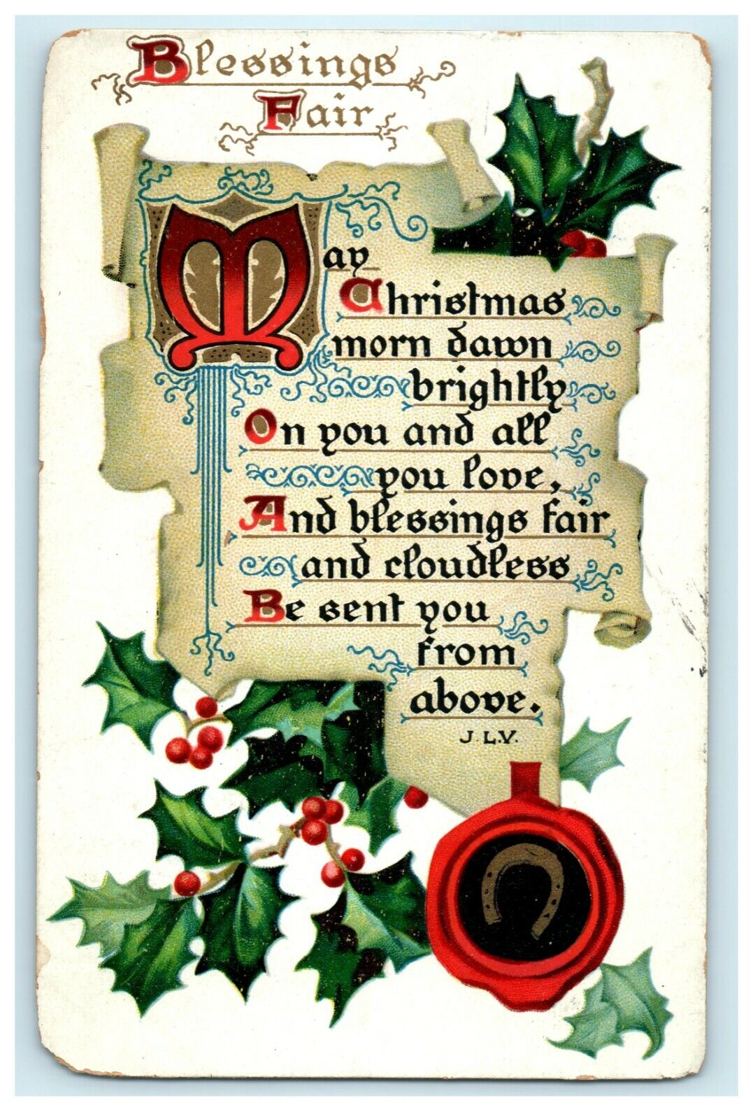 Antique 1910\'s Christmas Tuck Poem Motto Yuletide Holly Embossed Postcard