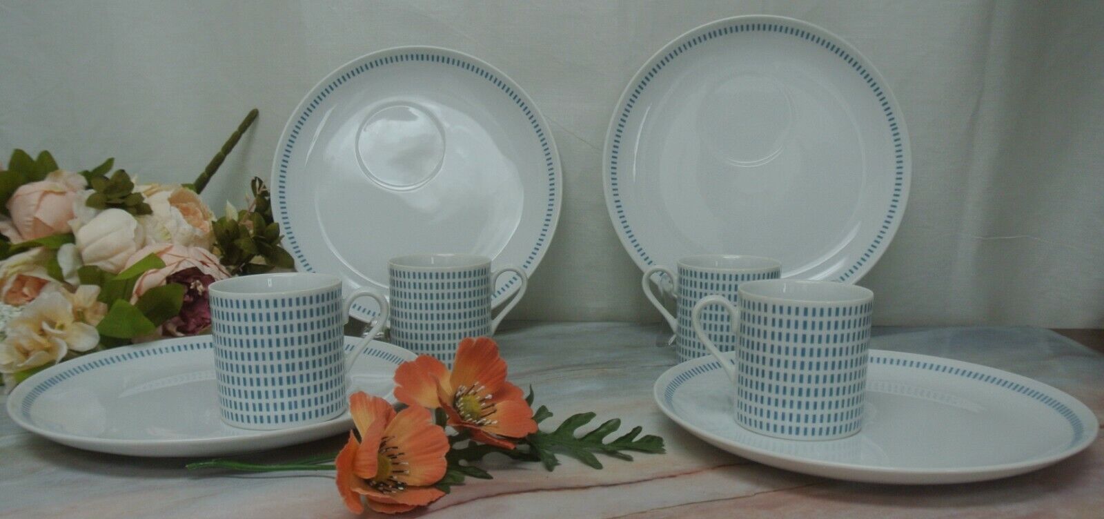 4 Vintage Mid Century Harmony House 4775 Luncheon Snack Set Plate Mug Blue white