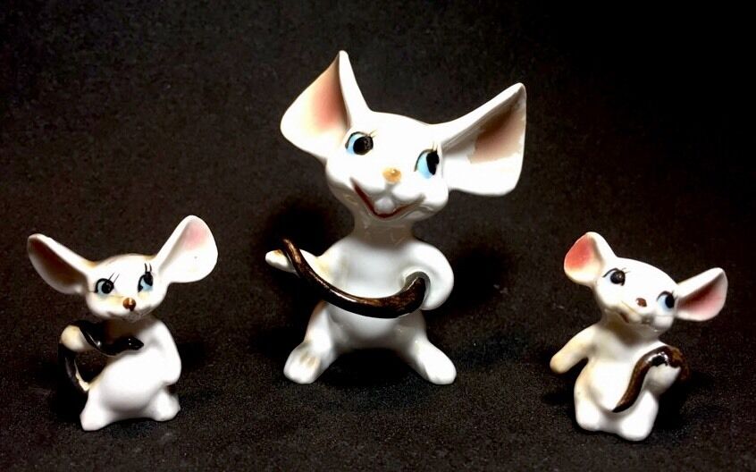 Antique 3 Pcs Bone China Ceramic Porcelain Figurine Mouse Family Long Tails CUTE