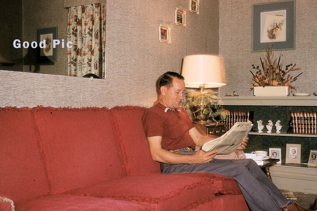 #WE18 - Vintage 35mm Slide Photo- Man Reading- Red Couch - Red Kodachrome- 1950s