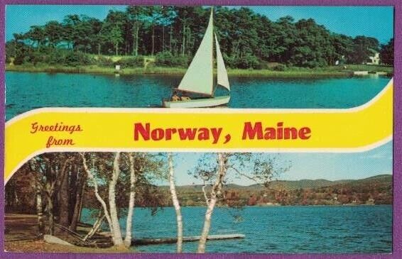 GREETINGS FROM NORWAY ME VTG CHROME PC TWO VIEWS LAKE SAILBOAT BIRCH TREES 1967