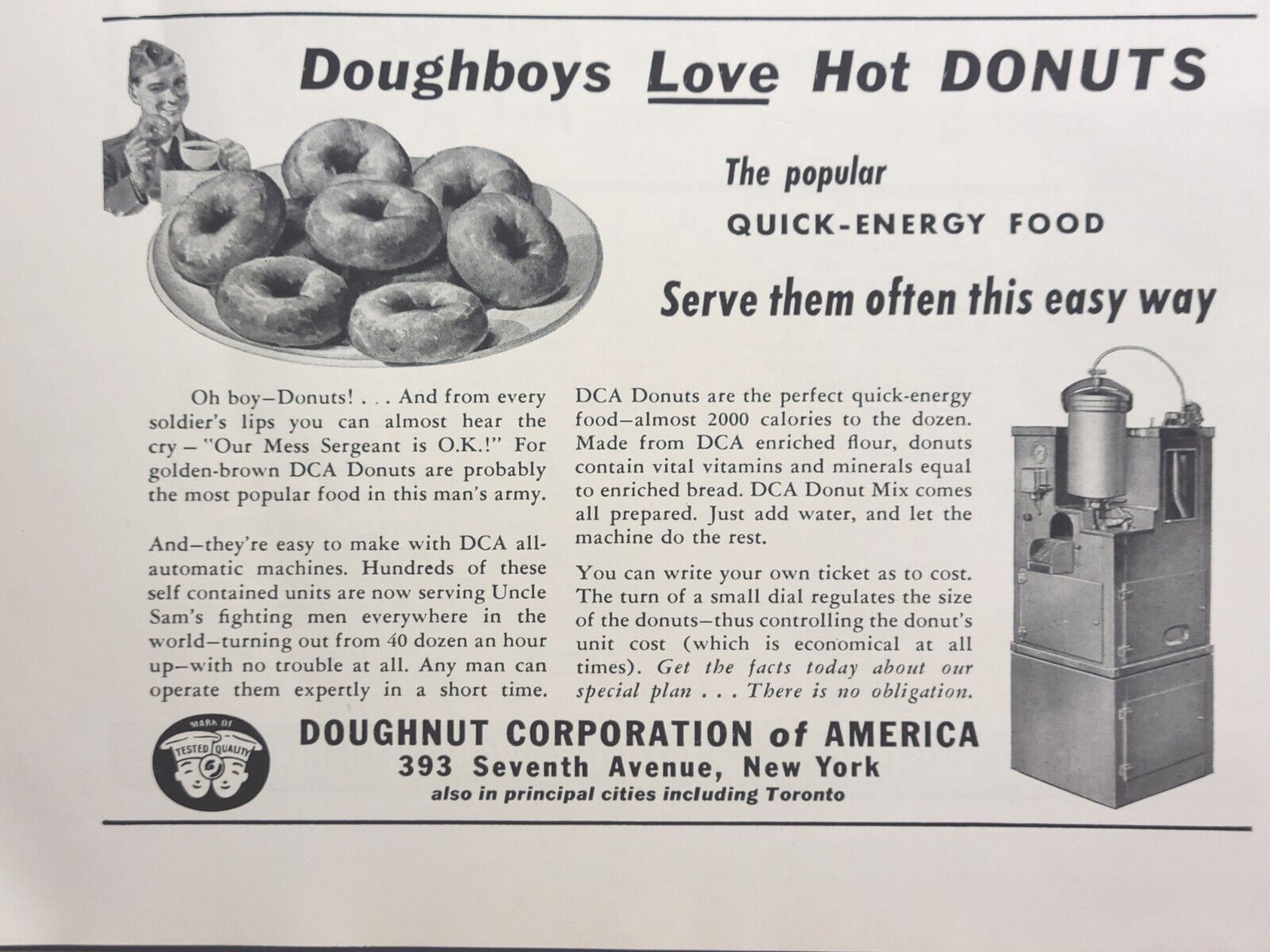 DCA Doughboys Love Hot Donuts Machine Quick Energy Food Vintage Print Ad 1943