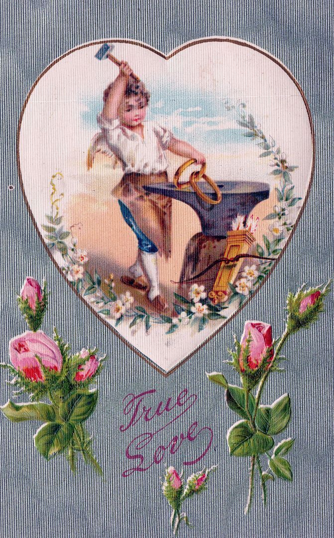 VALENTINE\'S DAY - Forging Hearts Together Silk Covered True Love Postcard - 1908