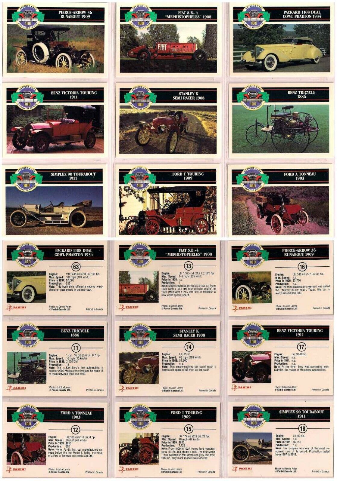 1992 ANTIQUE CARS FIRST COLLECTOR EDITION COMPLETE BASIC TRADING CARD SET