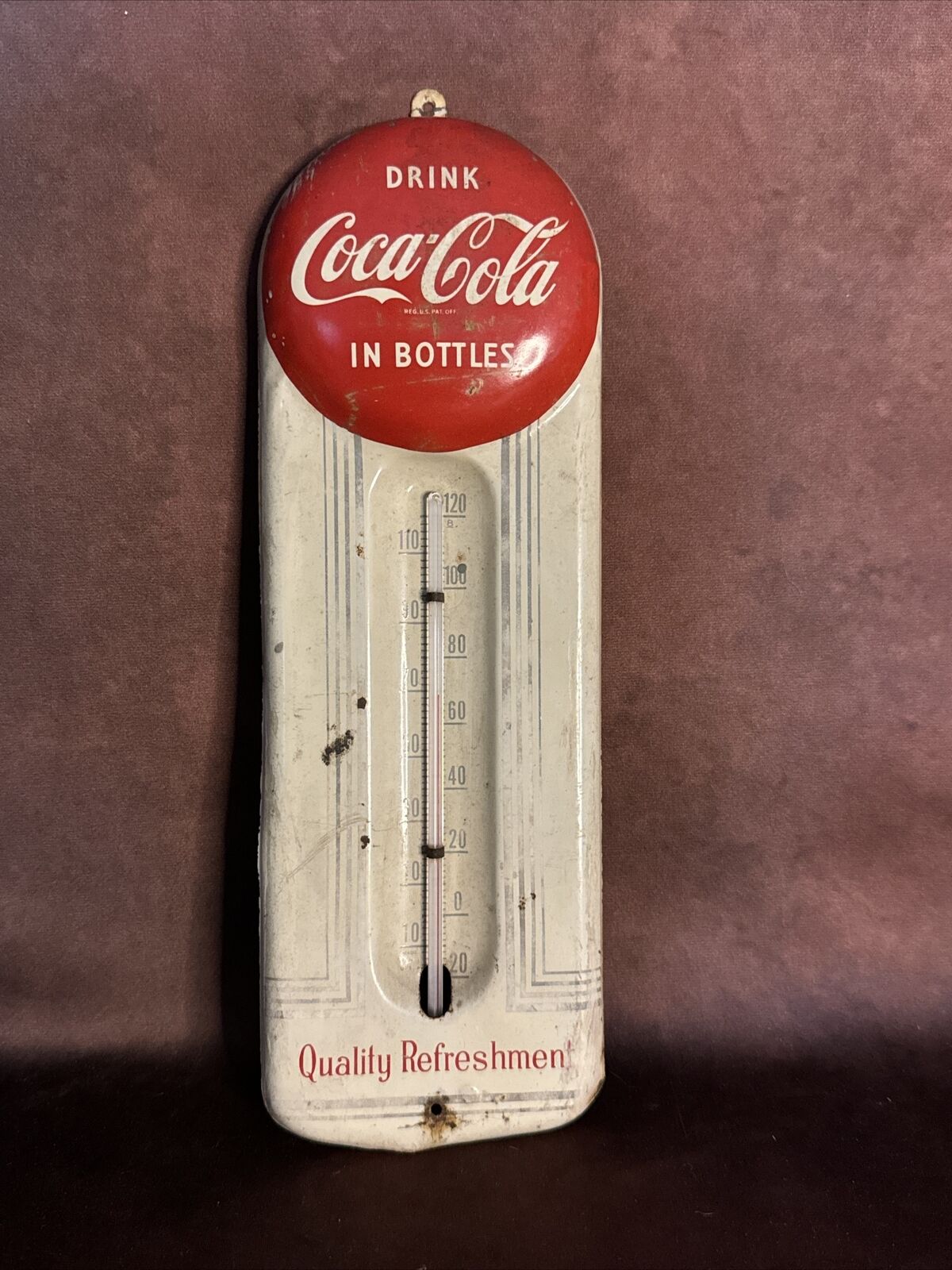 Original 50s Coca Cola Deco Button Soda Painted Metal Thermometer Sign Pilaster