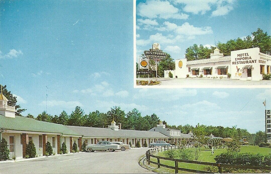 Postcard VA Emporia Motel Restaurant AAA Old Cars Virginia