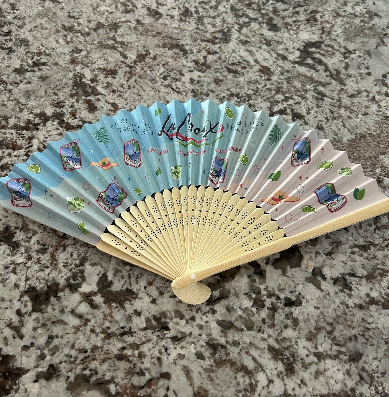 NEW Hand-Held Manual Hand Fan, Portable, Travel, Fits In Purse, La Croix Water