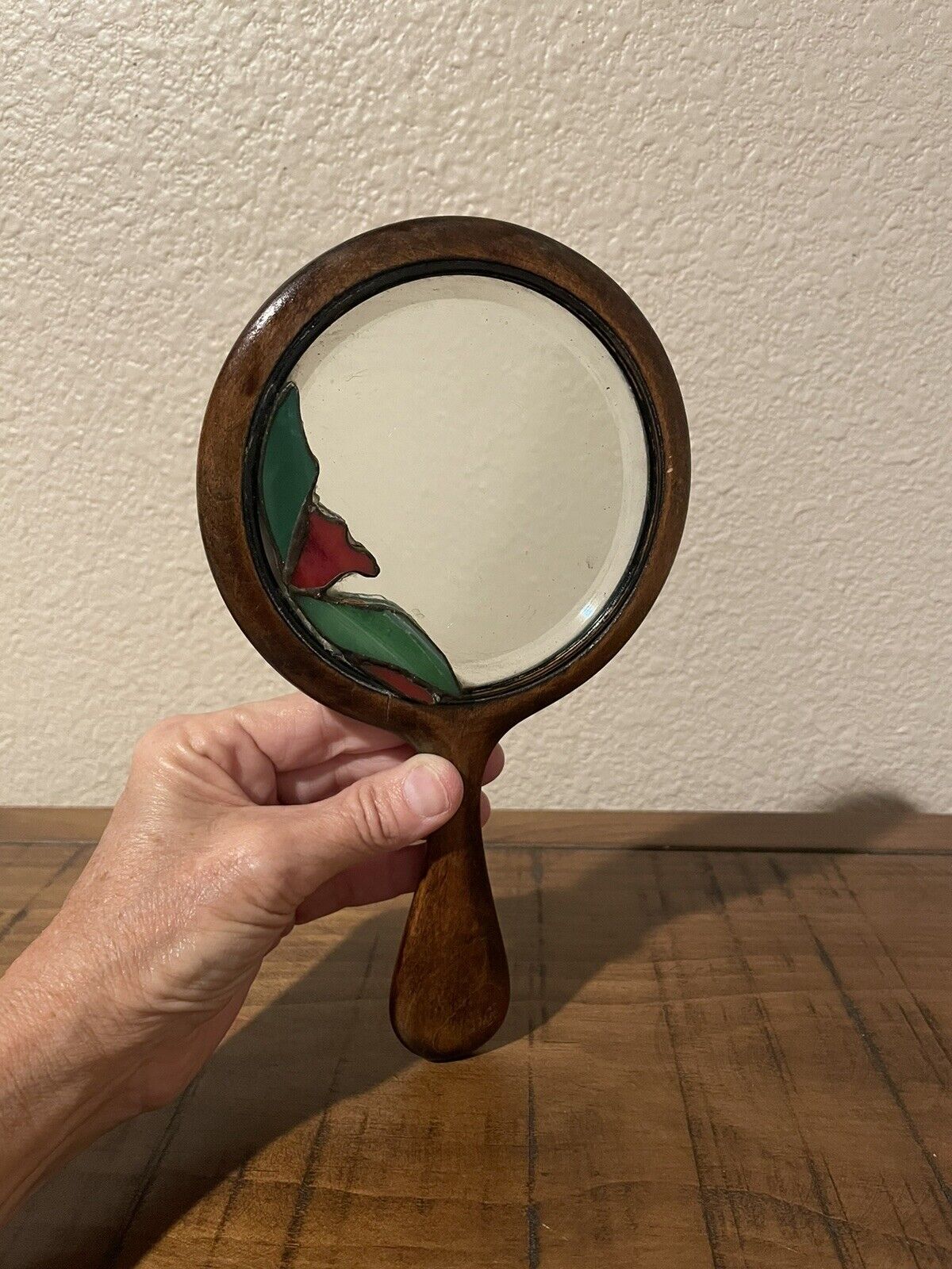 Vintage Hand Held Wooden Vanity Mirror with Stained Glass & Silver Medallion