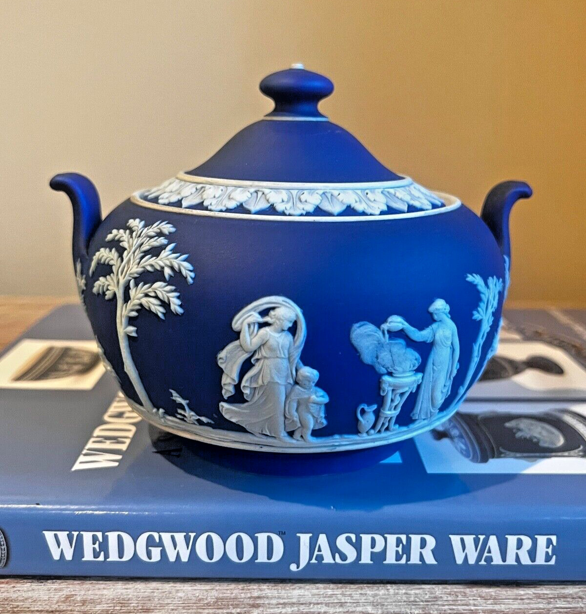 Antique Wedgwood Cobalt Blue Dip Jasperware Sugar Dish & Lid