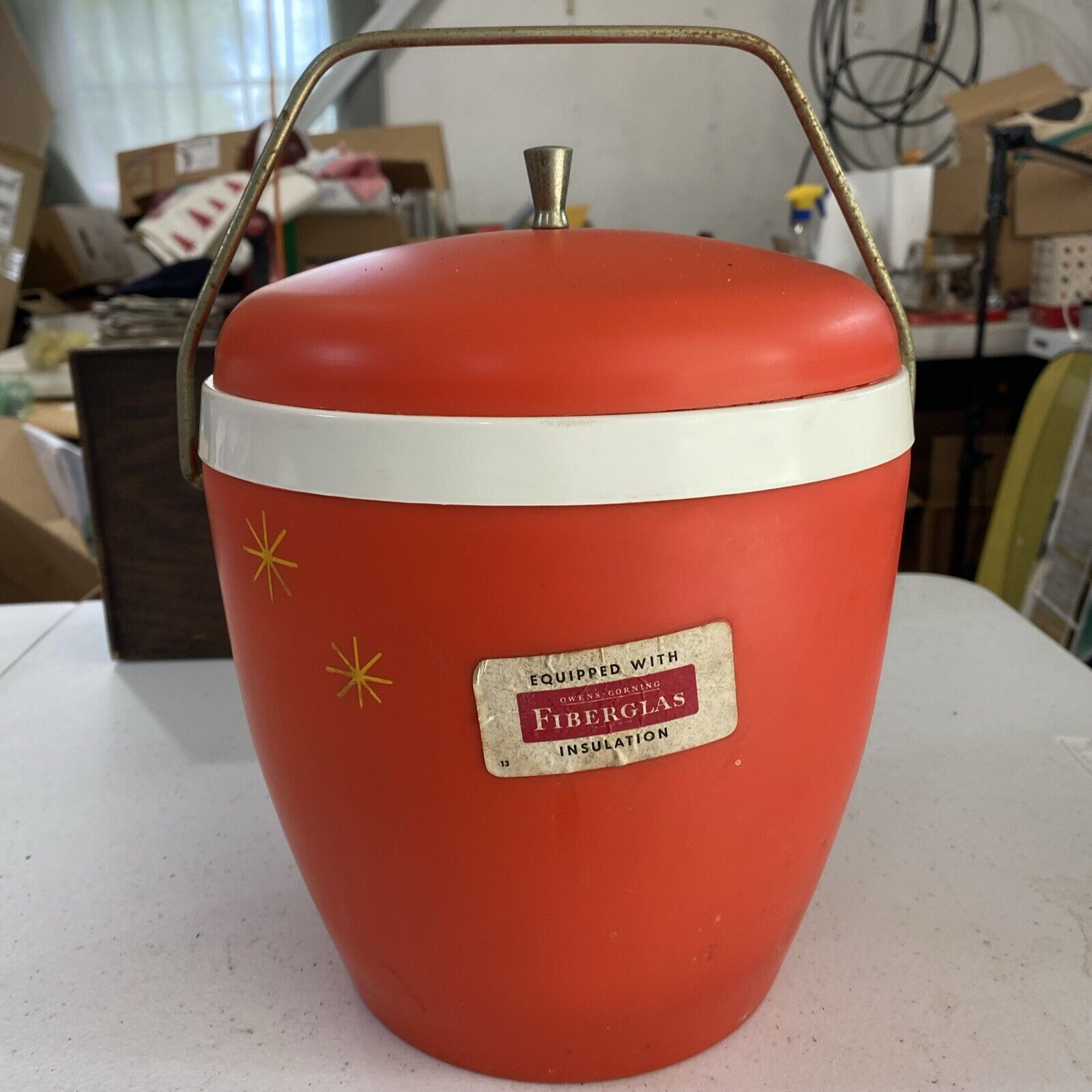 Vintage Gits Ware MCM Ice Bucket Plastic Orange Atomic Starburst Mid Century