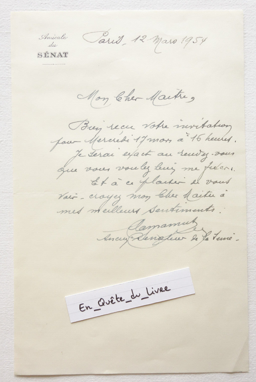 L.A.S. Jean-Marie Clamamus (1879-1973) signed autograph letter