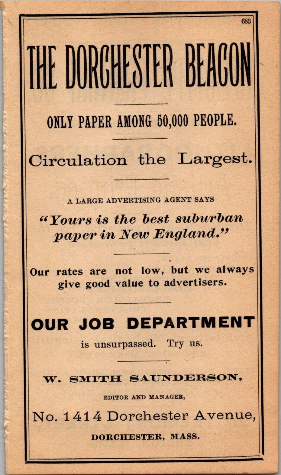 The Dorchester Beacon W. SMITH SAUNDERSON 1894 Boston Almanac Ad