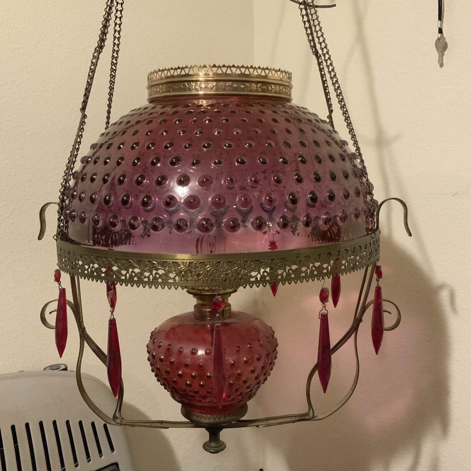 Vintage Antique Red Ruby Flash Hobnail Glass Hanging Oil Parlor Library Lamp