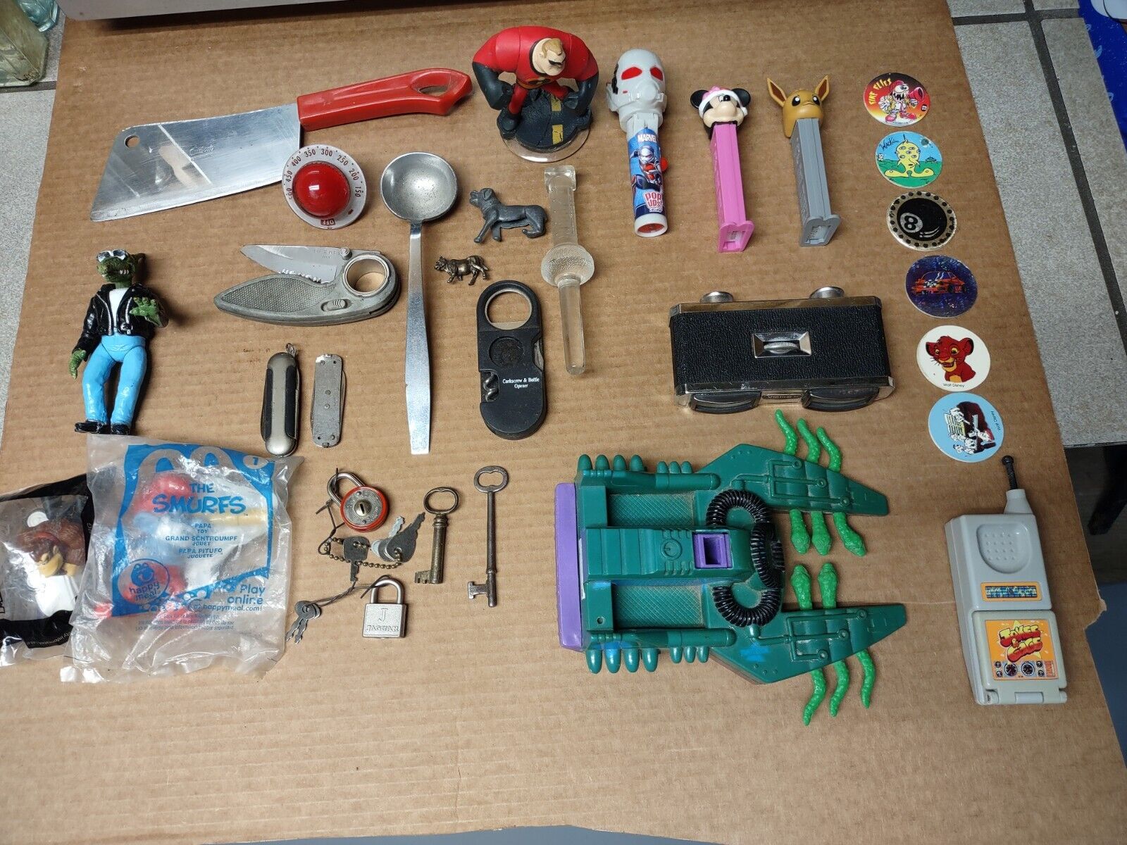 Vintage Junk Drawer Lot Toys , Knives, Pogs, Pezz, And More.
