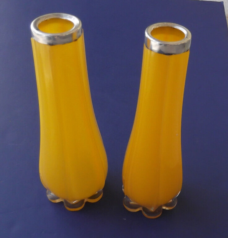 Two Orange Blown Glass David Loebl/Schindler Art Glass Vases - Sterling Rims