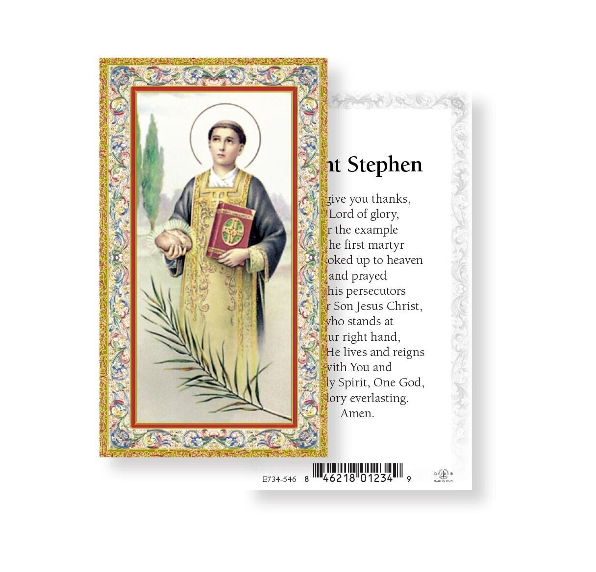 Saint St. Stephen with Prayer - gold trim- Paperstock Holy Card