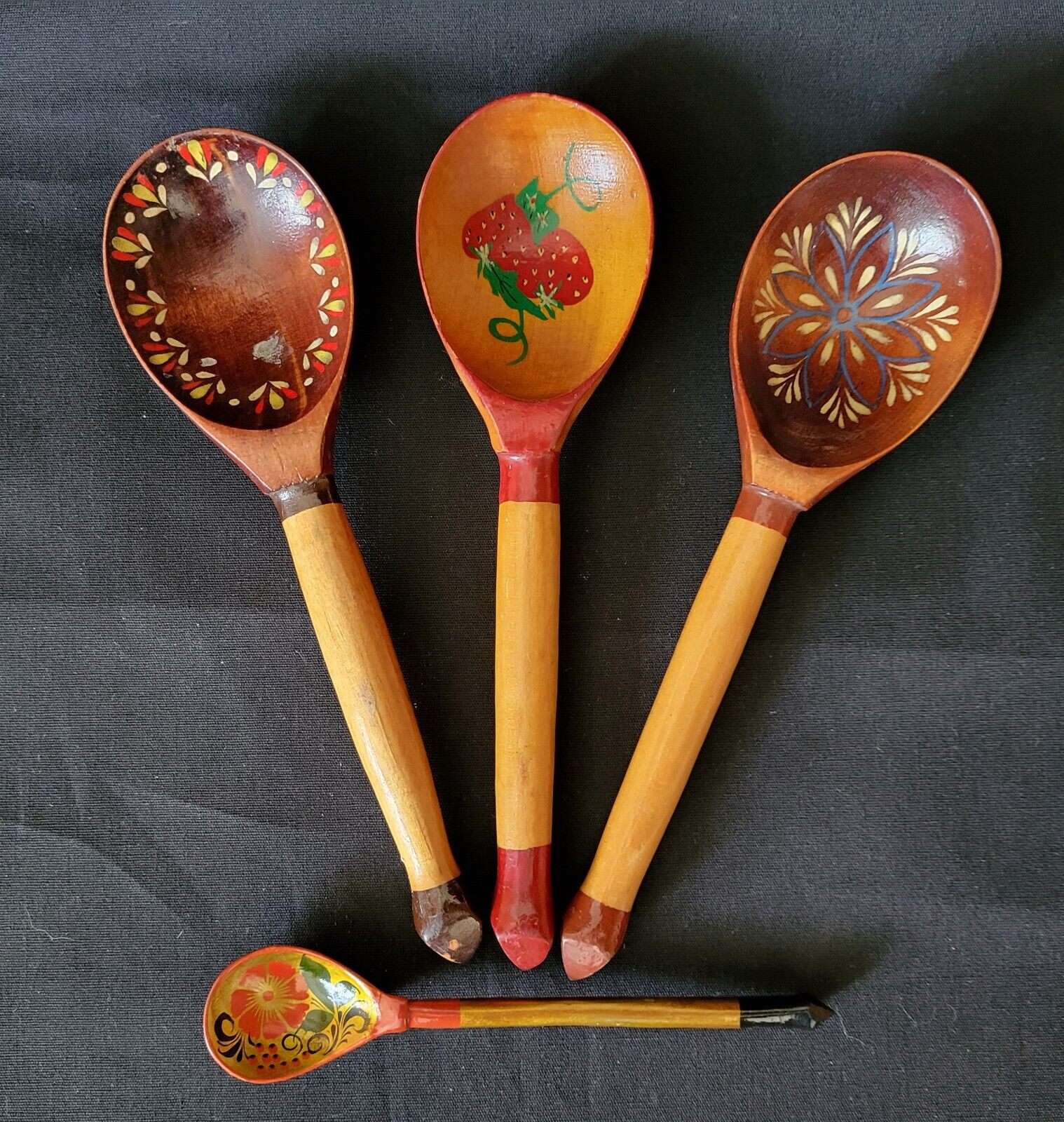 Vintage 4 Set Khokhloma Wooden Lacquer Spoons Ladles USSR Russian Hand Painted