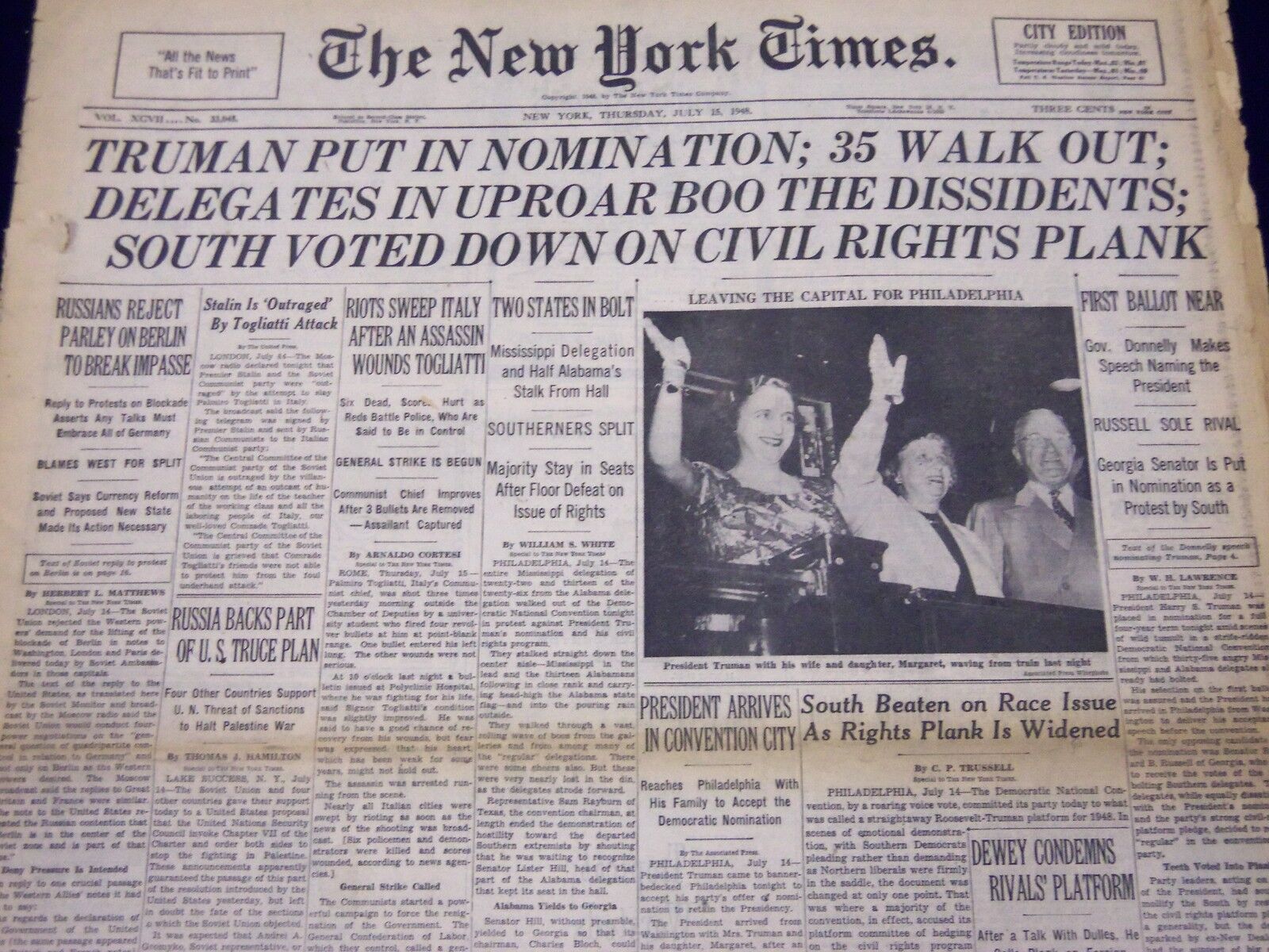 1948 JUL 15 NEW YORK TIMES - TRUMAN PUT IN NOMINATION, 35 WALKOUT - NT 156
