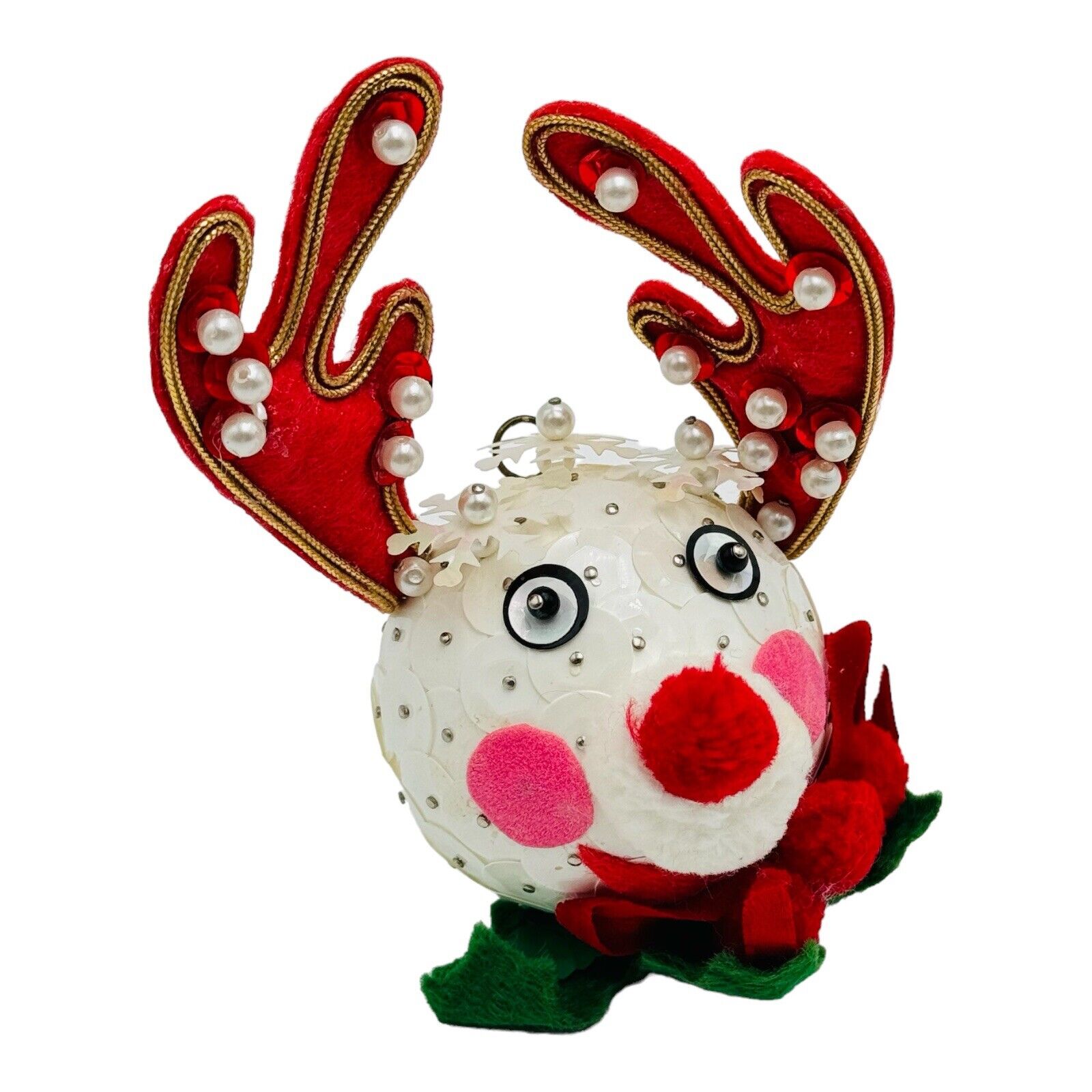 Vintage Reindeer Handmade Beaded Sequin PEARL Push Pin Christmas Ornament RARE