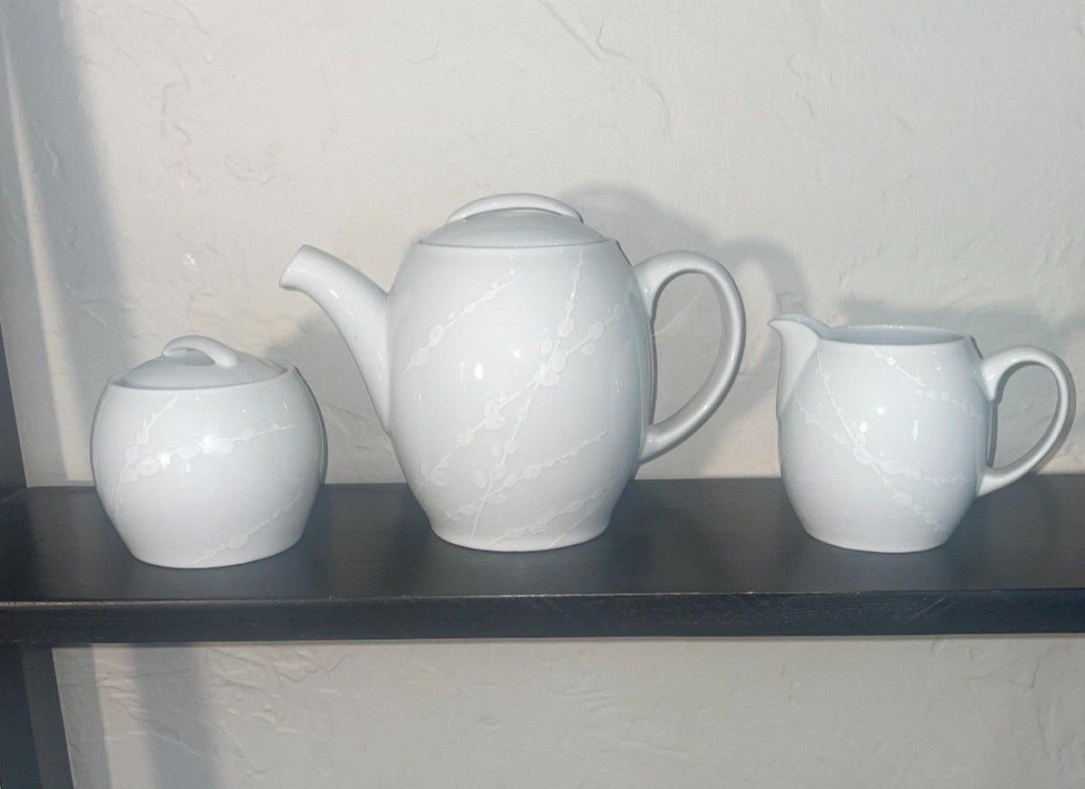 Denby White Trace Teapot, Creamer & Sugar Set