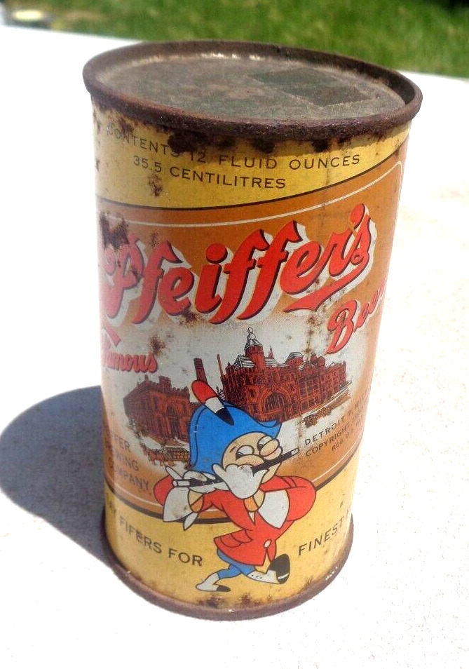 empty Pfeiffer's flat top beer can dated 1933