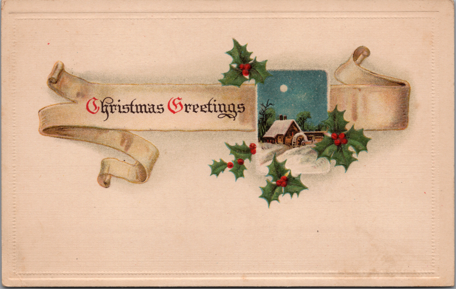 Christmas Greetings Moonlight Night Snowy Home Holly Glenolden PA Cancel 1911