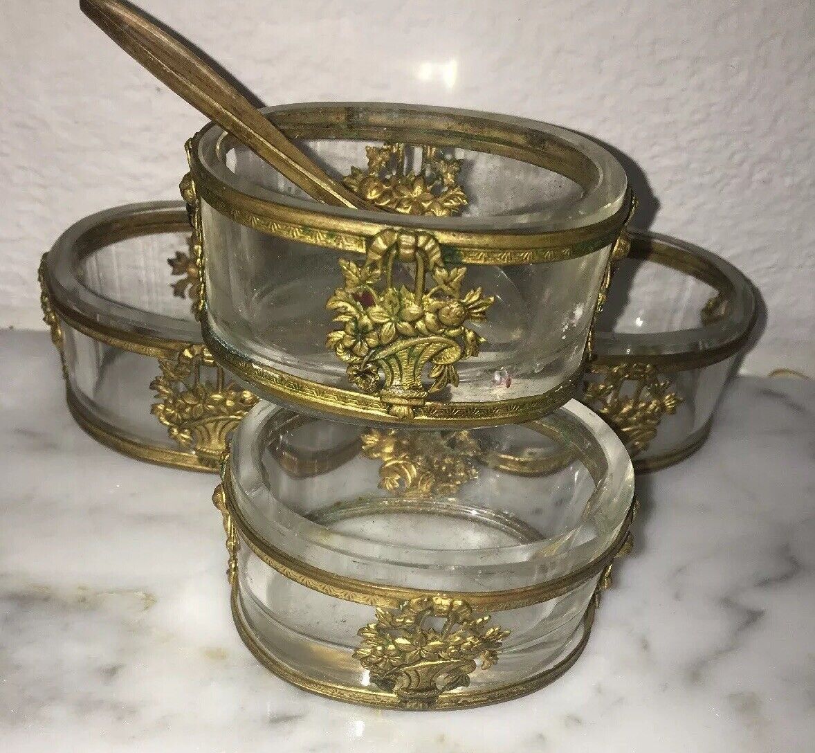 Antique Victorian 4 Glass Salt cellars or caviar Bronze Holders glass Spoon