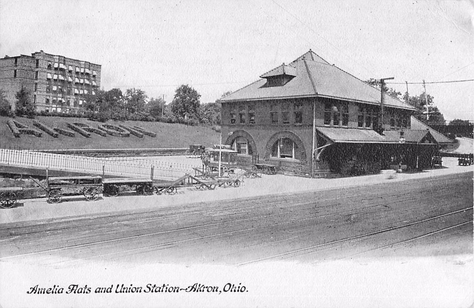 c1910 Amelia Flats and Union Station Railroad Depot, Akron, Ohio Postcard