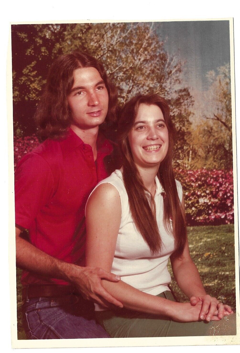 Vintage 1980s FOUND Sears PHOTO LONG HAIRED MAN + PRETTY YOUNG WOMAN IN LOVE