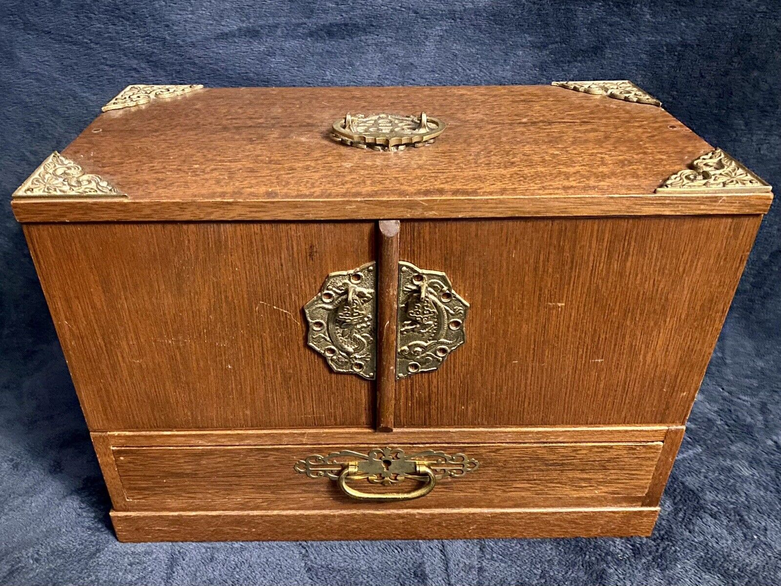 Antique Japanese Handcrafted Wood Tansu Jewelry Storage Chest Box C-1940s 14”D