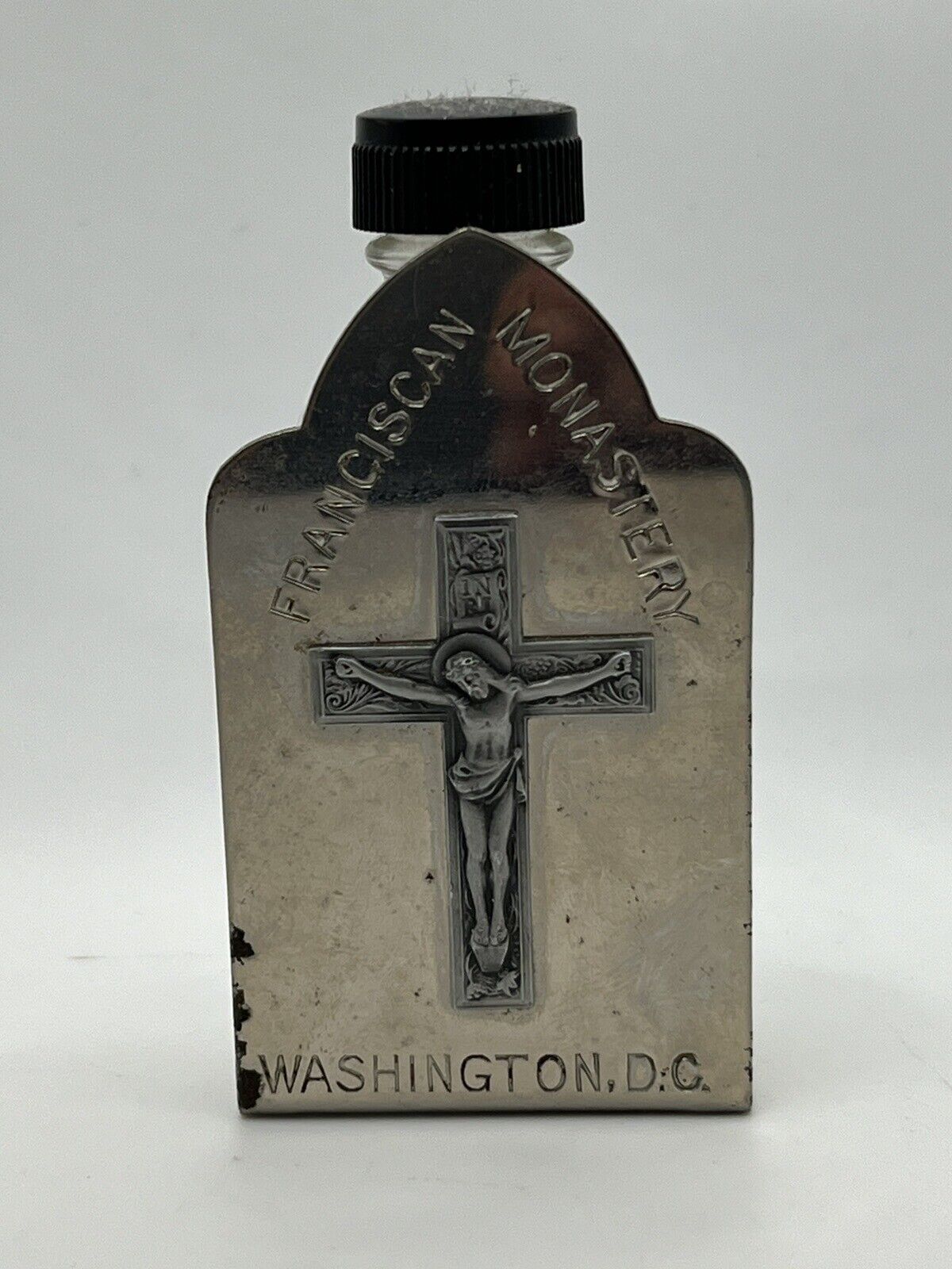 Antique FRANCISCAN MONASTERY WASHINGTON D.C. Holy Water Bottle w/Metal Holder