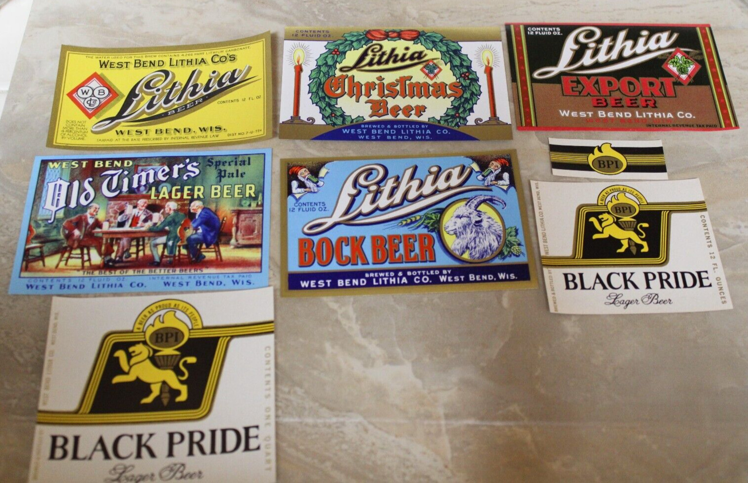 7 Different Vintage West Bend Lithia Beer Labels West Bend, Wisconsin 3 IRTP's