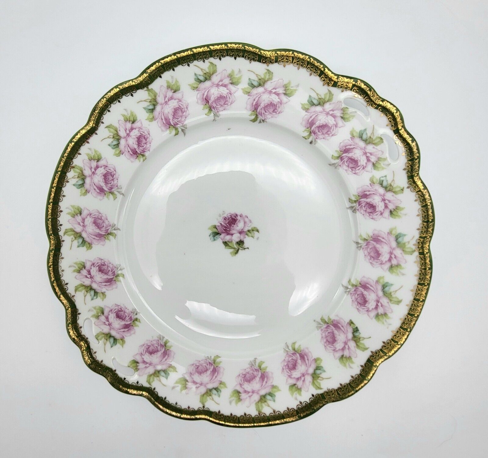 Antique M.Z. Austria Pink Rose Plate Scalloped Gold Edge Decorative Plate 9522 