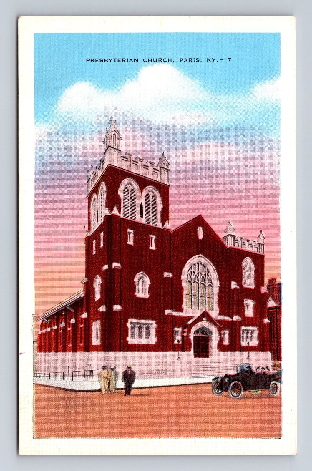 Paris KY-Kentucky, Historic Presbyterian Church, Early Auto, Vintage Postcard