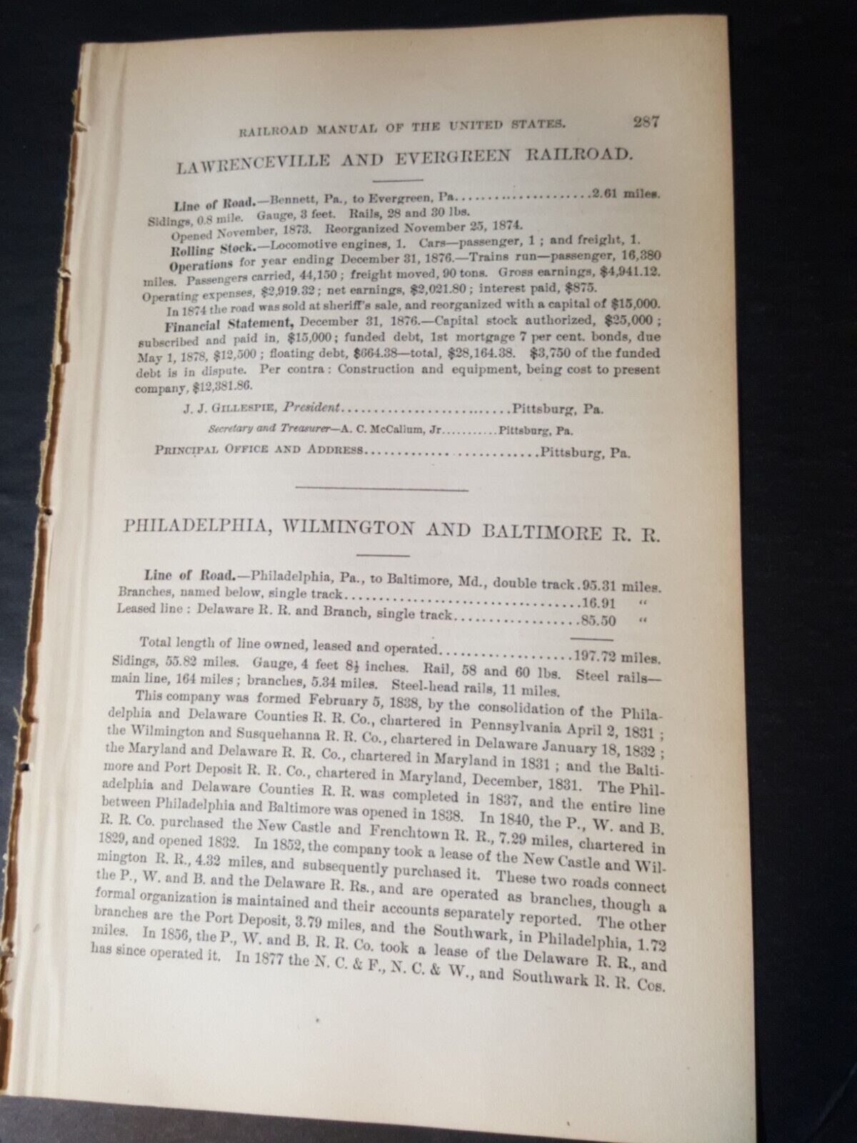 1878 original train report Philadelphia Wilmington & Baltimore railroad  