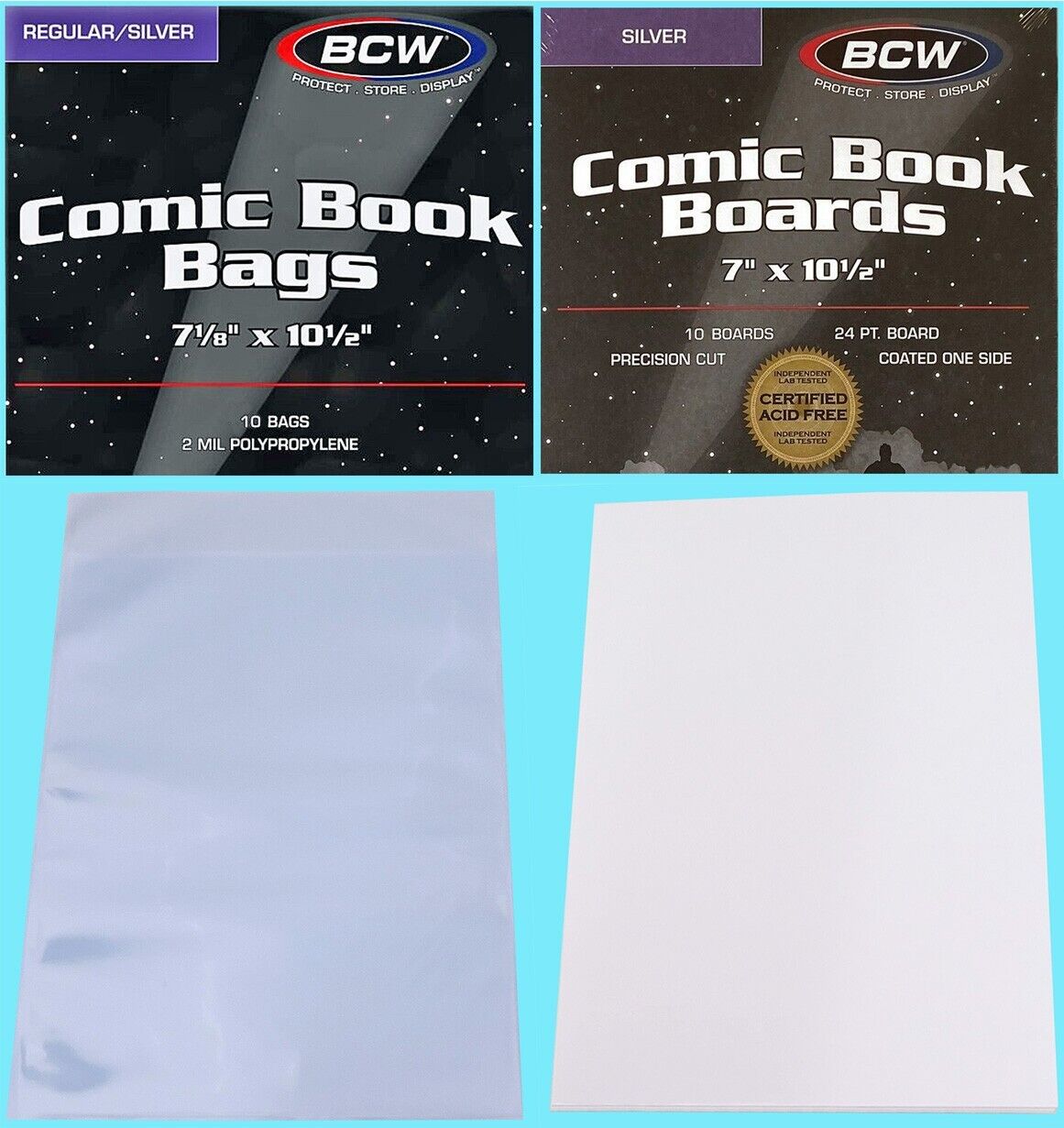 10 BCW REGULAR COMIC BOOK BAGS with FLAP & BACKING BOARDS Clear Archive Storage