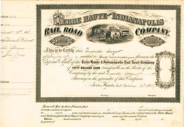 Terre Haute and Indianapolis Railroad Stock made out to Russell Sage - Autograph