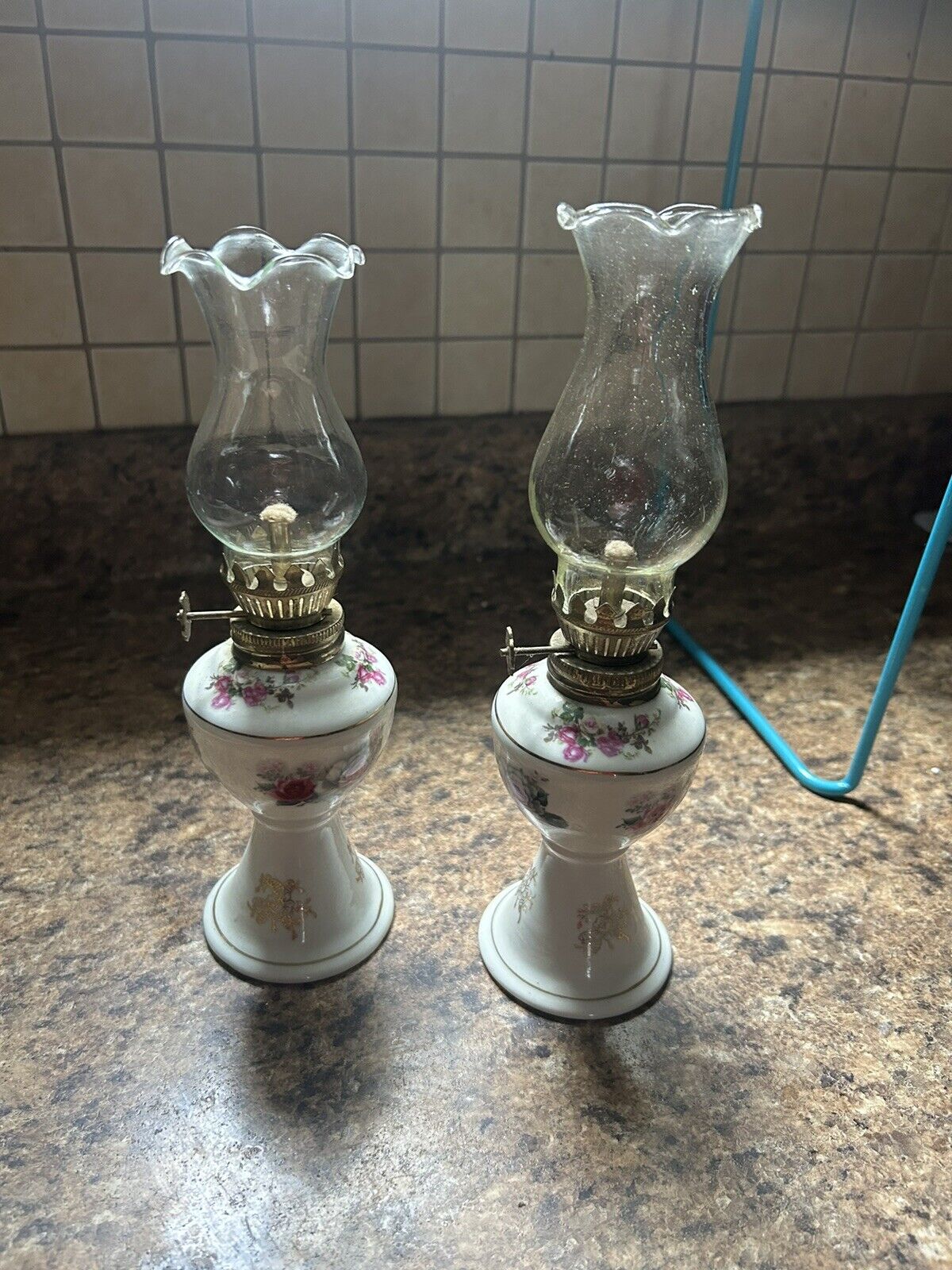 Pair Of OIL LAMPS Kerosene Lantern Vintage Flower Rose Design W Glass Flute