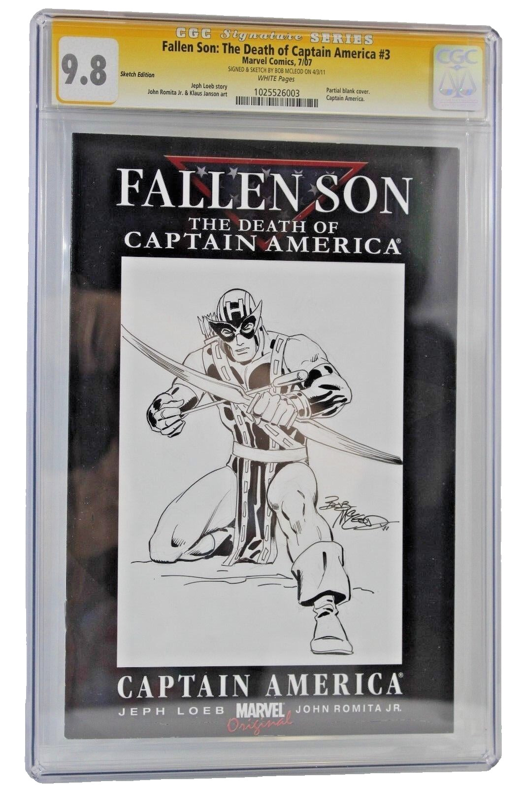 Fallen Son Death Captain America #3 CGC 9.8 SS Signed Hawkeye Sketch Bob McLeod