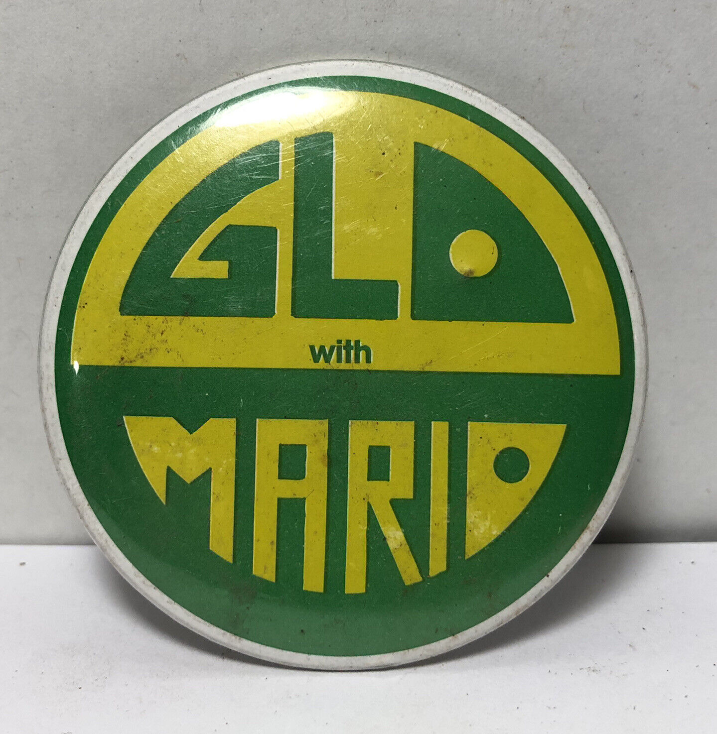 Vintage pin back button glow with Maria 
